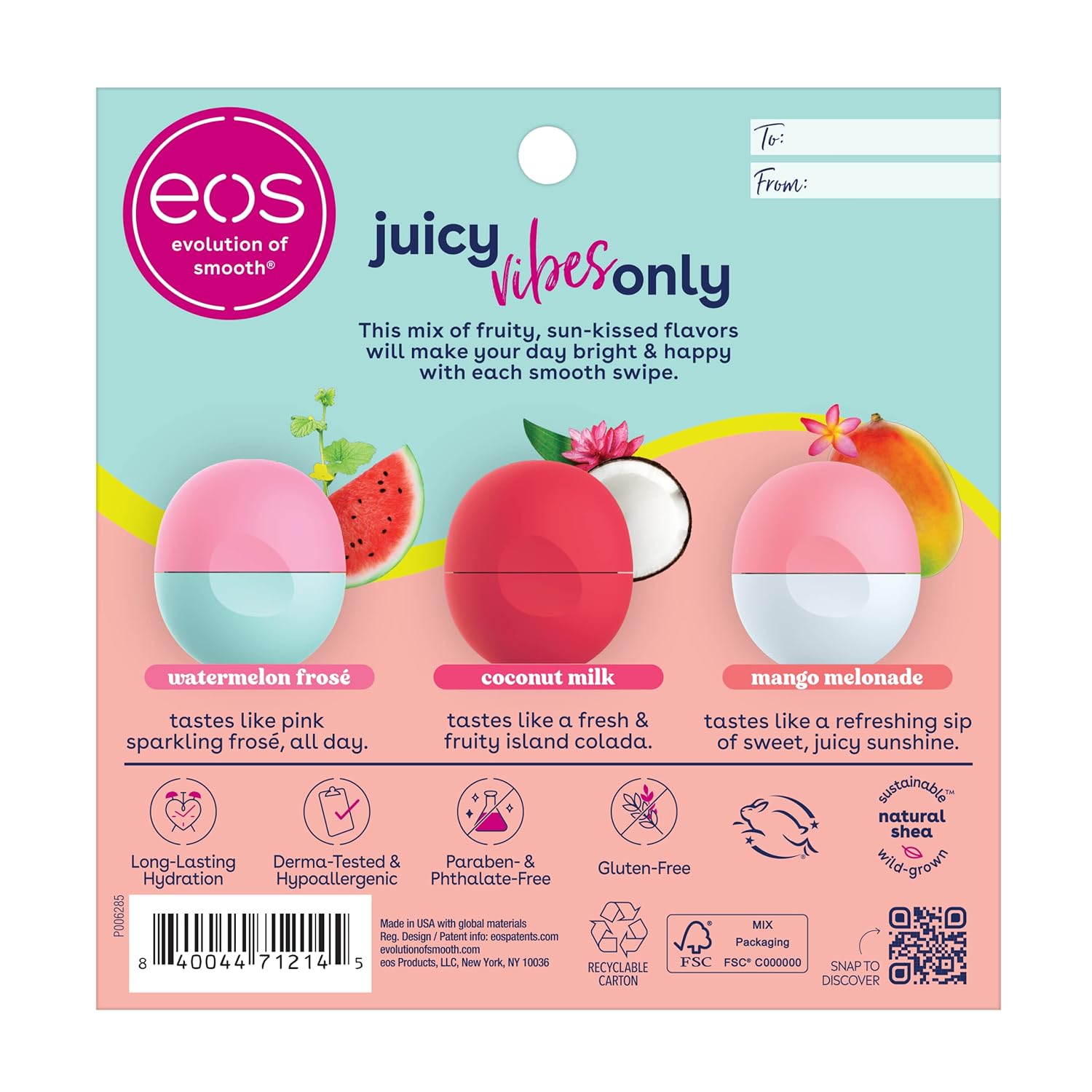 eos Juicy Vibes Lip Balm Variety Pack- Watermelon Frosé, Mango Melonade & Coconut Milk, All-Day Moisture Lip Care Products, 0.25 oz, 3-Pack - 24hrsmart